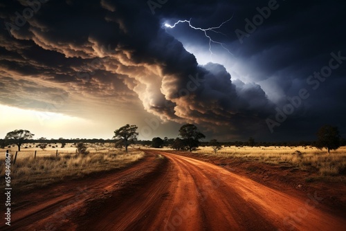 Sparse Australian landscape with dusty road, roadside bushes, and distant thunderstorm with white and purple lightning. Generative AI photo