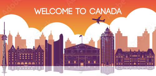 Canada famous landmarks silhouette style with yellow and white color,vector illustration