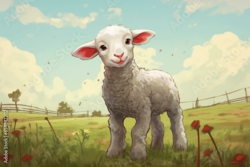 adorable farm cartoon of a lamb. Generative AI photo