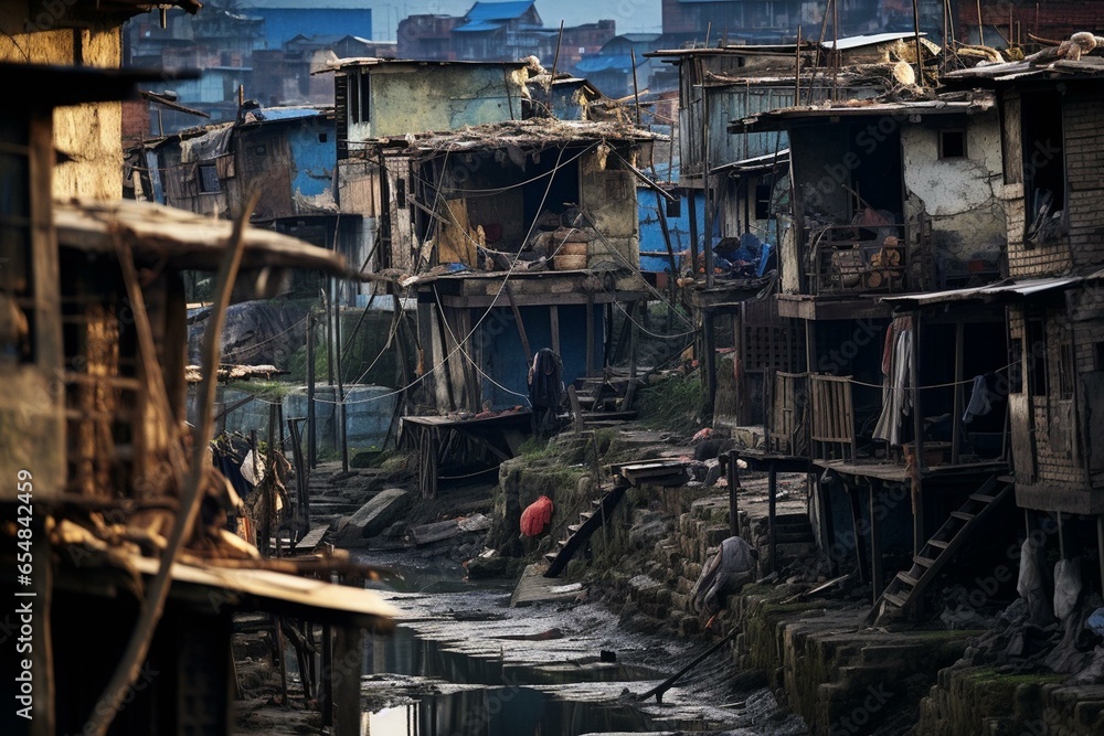 dilapidated dwellings in impoverished area. Generative AI