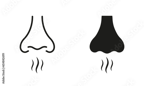 Nose Human Smells Line and Silhouette Black Icon Set. Nasal Odor Sniff Pictogram. Bad Aroma Symbol Collection. Nose Loss Sense of Smell, Breath Air Sign. Isolated Vector Illustration