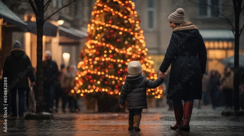 Family Christmas walk through the streets