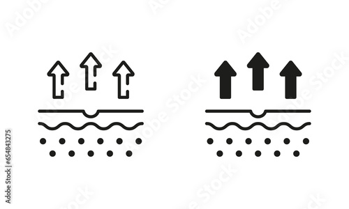 Skin Water Loss Line and Silhouette Black Icon Set. Skin Structure and Arrows Up Moisture Wicking Process Pictogram. Moisture Evaporation of Skin Symbol Collection. Isolated Vector Illustration