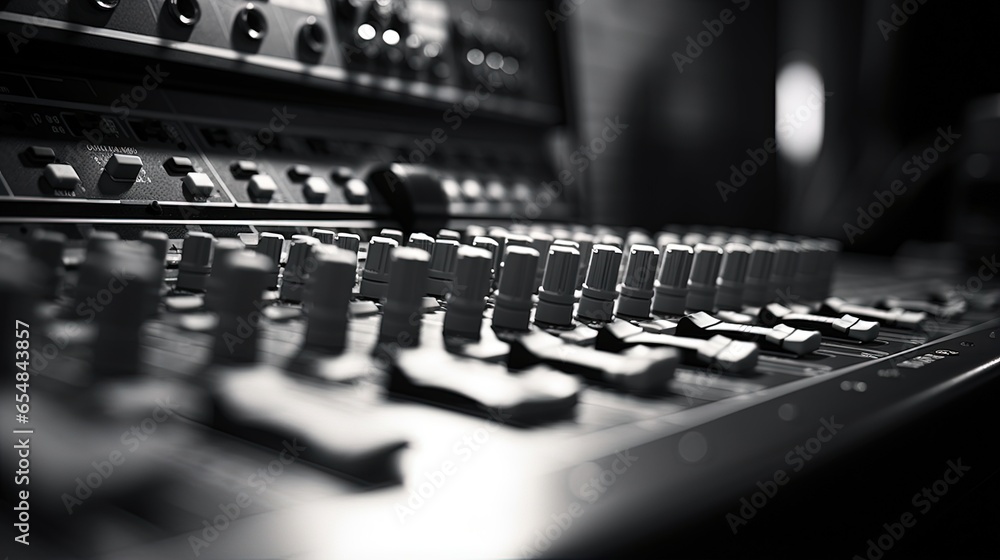 Control panel for music mixer in black and white image Closeup with selective focus