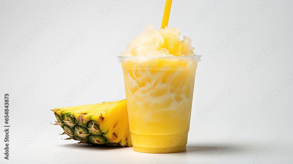 Pineapple slushie photographed in a clear cup on a white background - obrazy, fototapety, plakaty 