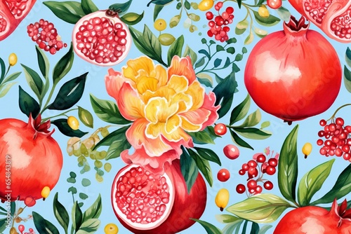 A watercolor pattern with pomegranate fruits and flowers. Generative AI © Yana