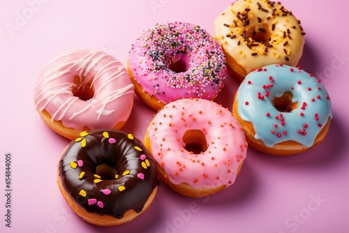 Delicious assorted donuts on a plain background. Generative AI