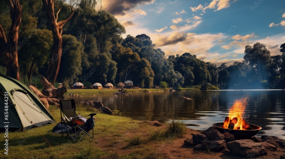 Picturesque riverfront with camping tents and fire pits inspiring thoughts of outdoor adventure and summer fun at Wye River VIC Australia - obrazy, fototapety, plakaty 