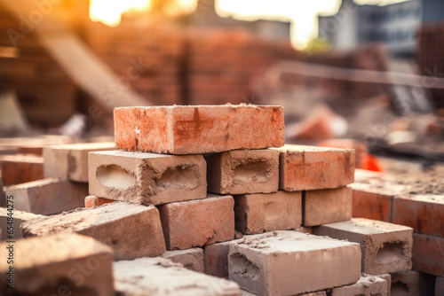 Red bricks stacked at a construction site. Building materials for construction