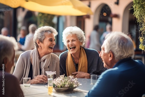 group of senior old people joking and talking in a restaurant or cafe