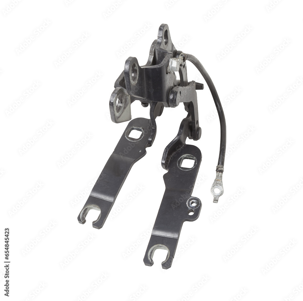 Pair of hinges for attaching the hood or trunk of the car on a white isolated background. Auto parts for catalog and repair of vehicles. Pair of hinges for attaching the hood or trunk of the car on a white isolated background. Auto parts for catalog and repair of vehicles.