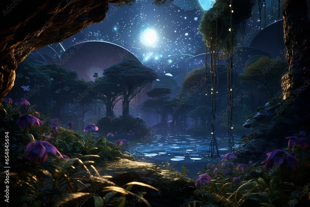 Nightly cinematic Pandora avatar planet. Glowing dots adorn plants and trees in the jungle. Generative AI