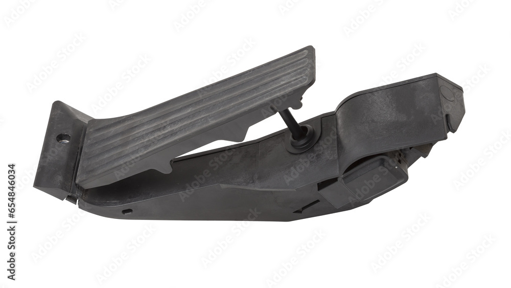 Gas pedal on a white isolated background in a photo studio for sale in a car service. Black auto part for replacement during repair in the workshop. Spare part junkyard. Gas pedal on a white isolated background in a photo studio for sale in a car service. Black auto part for replacement during repair in the workshop. Spare part junkyard.