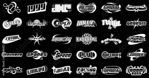 Y2K Logo Graphic Assets frame Design, Lettering design. Big collection of typography or typeface abstract graphic Pack. y2k elements. stickers, posters, banners, logo, streetwear. Vector illustration