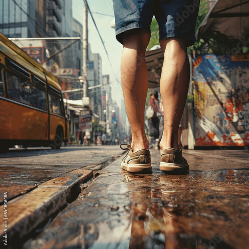 close up feet wearing sneakers, walking on the street.
