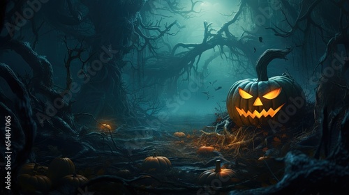 Pumpkin in a spooky forest at night for Halloween