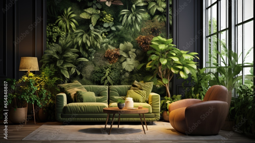 Well lit living area with seating and plants Well lit living area with seating and plants