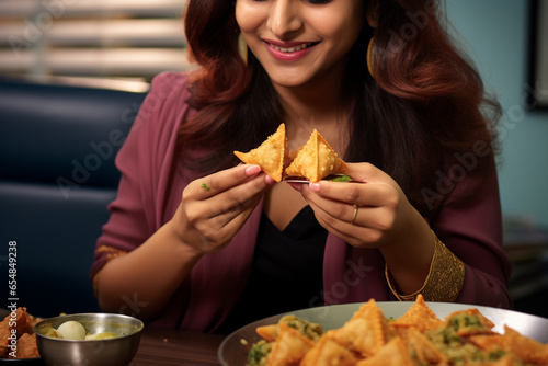 Picture of a woman eating a samos, diwali celebration photo