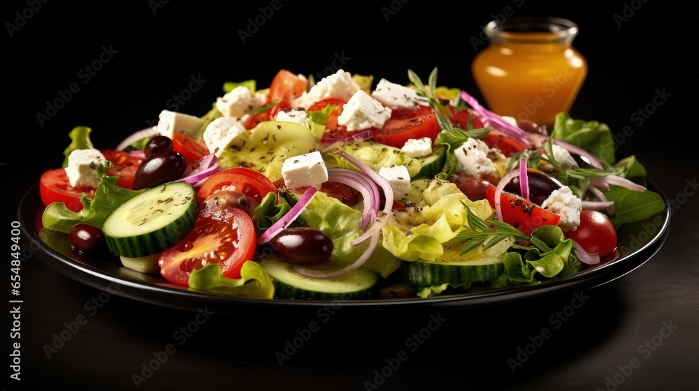 Healthy Greek salad with fresh vegetables feta cheese olives and olive oil Healthy Greek salad with fresh vegetables feta cheese olives and olive oil