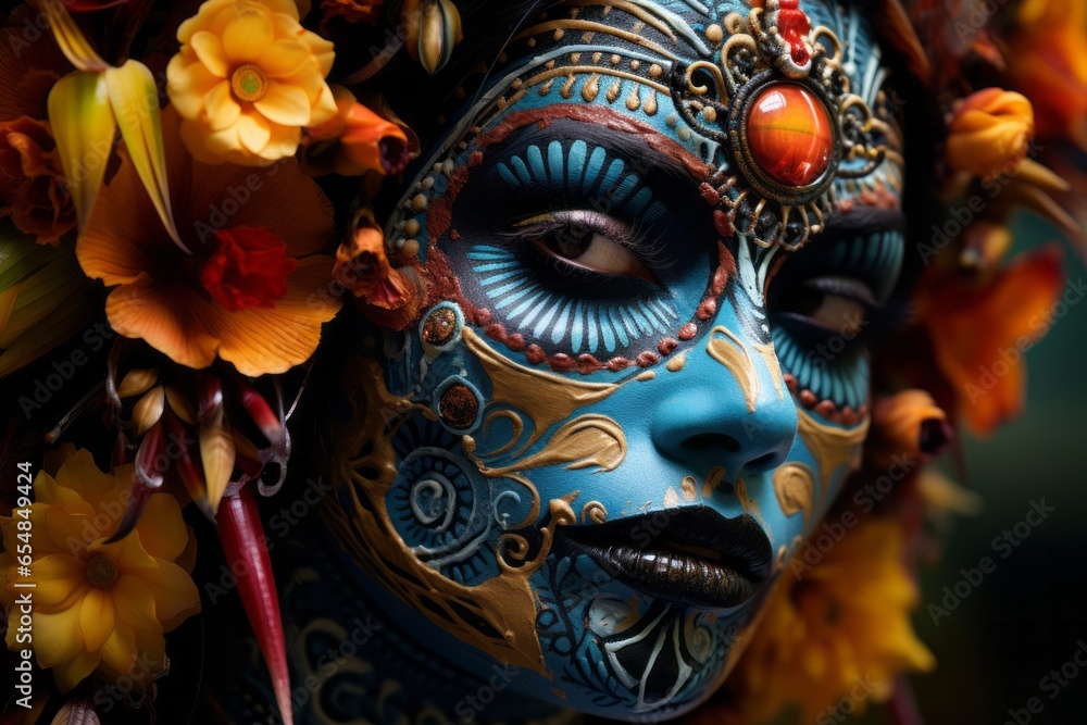 This captivating image showcases an elaborate Day of the Dead face paint, a masterpiece of intricate makeup and artistic expression. Created by AI technology