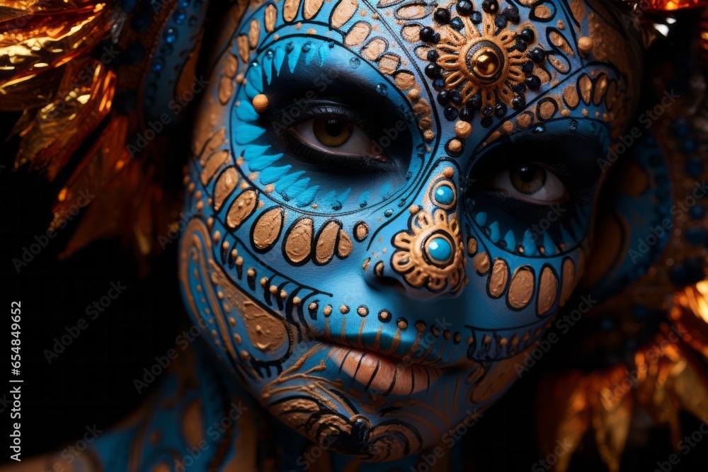 This captivating image showcases an elaborate Day of the Dead face paint, a masterpiece of intricate makeup and artistic expression. Created by AI technology