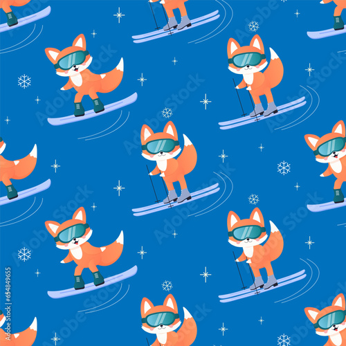 Winter sport fox on skis, sled, snowboard, skates. seamless pattern.