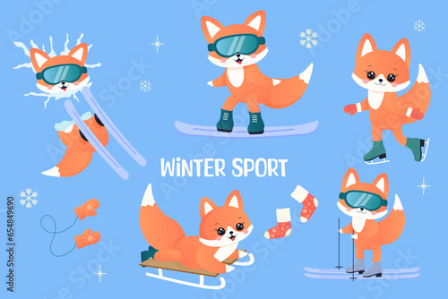 winter sports set. fox on skis, sledge, snowboard, skates.