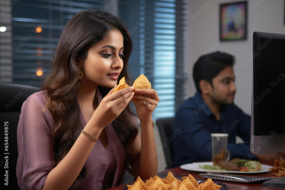 A picture of a woman eating a samosa at work during the diwali festival, diwali celebration image - obrazy, fototapety, plakaty 