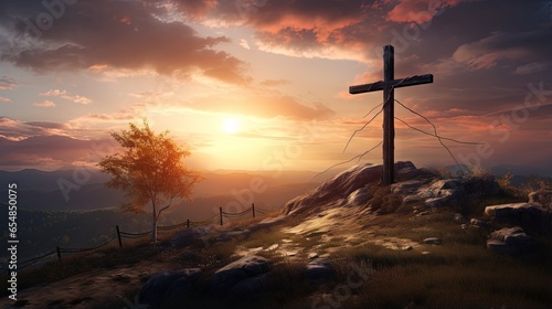 Cross of Jesus on hill outdoors at sunset