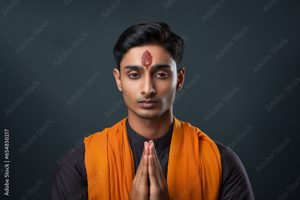 A photo of a handsome young indian man with his hands folded in prayer facing the camera, diwali celebration photo A photo of a handsome young indian man with his hands folded in prayer facing the camera, diwali celebration photo