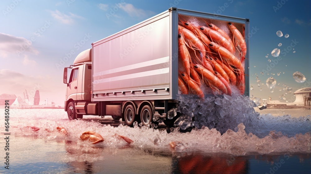 Fresh shrimp being transported by a refrigerated truck - obrazy, fototapety, plakaty 