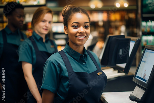 2 female staff members wearing green uniform and apron at upmarket supermarket store photo