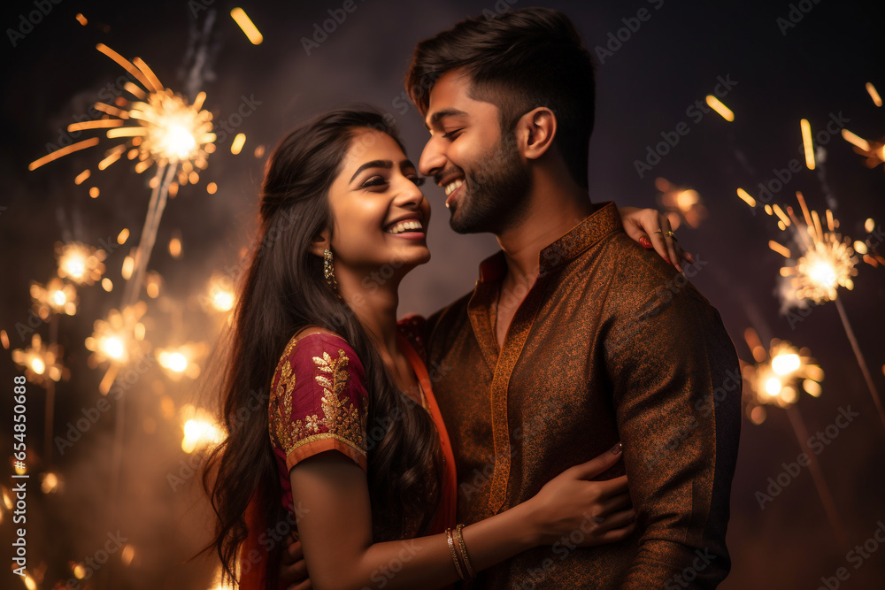 A picture of a young couple celebrating diwali with great joy, diwali celebration image