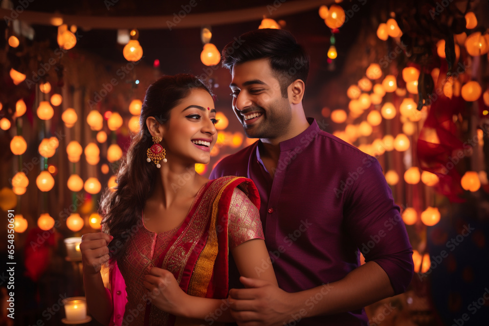 A picture of a beautiful indian couple wearing traditional clothes to celebrate diwali, diwali celebration image