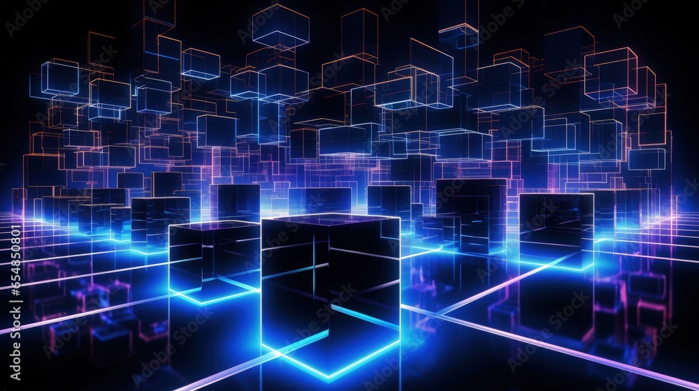 Cyber city in virtual reality with neon abstract cubic shapes illuminated in laser show isolated on black in a 3D render