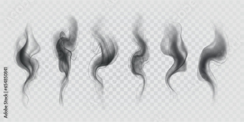 Black smoke. Transparent air effect. Steam of dark fume. Fire wave texture. Realistic foggy trail. Smog clouds. Vapor curve flow. Smoky swirl. Haze elements set Vector graphic background
