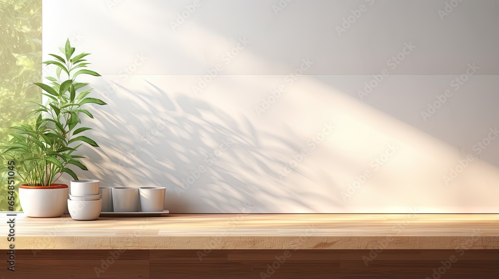 Empty space on oak wood kitchen counter top with sunlight and foliage shadow on ceramic wall tiles Empty space on oak wood kitchen counter top with sunlight and foliage shadow on ceramic wall tiles