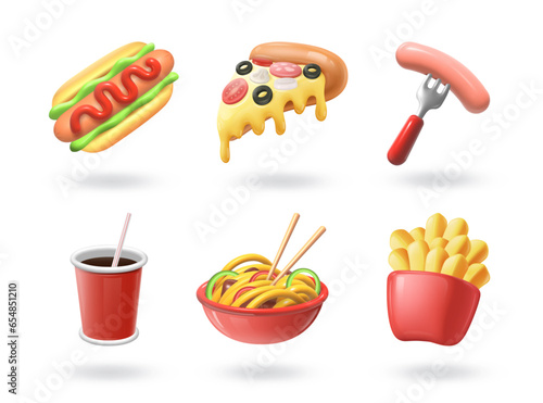 3D fast food. Burger or fried potato. Sausage on fork. Cola in glass. Takeaway junk snack. Pizza for restaurant menu. Bread with meat. Noodle bowl with chopsticks. Vector render objects set