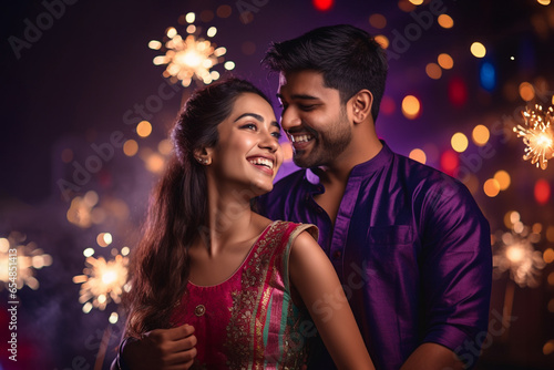 A picture of a young couple looking happy and celebrating the indian festival of diwa, diwali celebration image