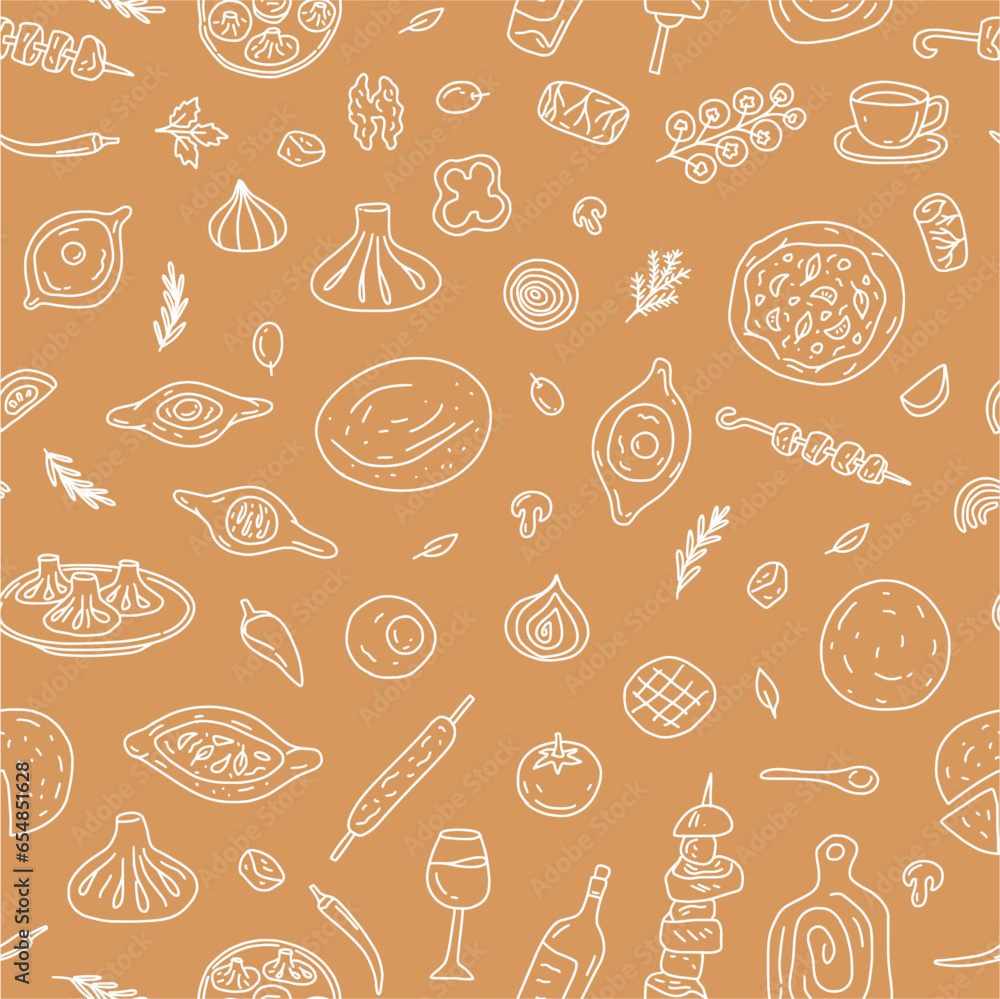 Vector pattern of traditional Georgian cuisine: shish kebab, khinkali, khachapuri, wine, tortillas. The illustration is hand-drawn in the style of a doodle.