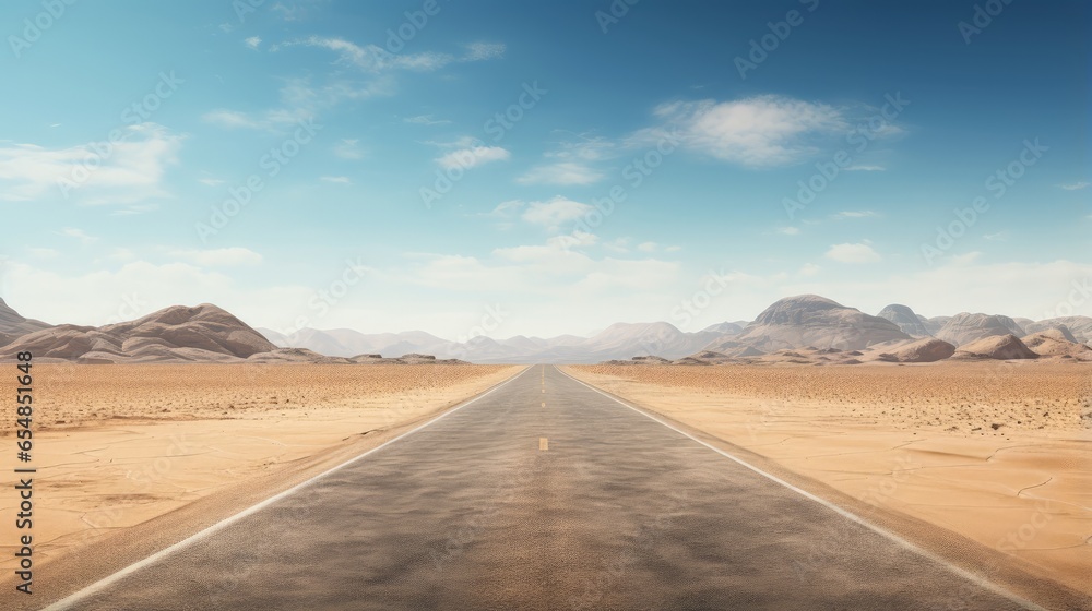 Empty road in the desert depicting textures of asphalt sand street mountain hills landscape and dusty skyline on a sunny summer day