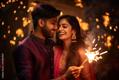A photo of a happy indian couple in traditional clothes celebrating diwali by holding sparklers and firecrackers, diwali celebration image