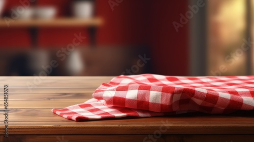Checked towel on wooden kitchen table with text space