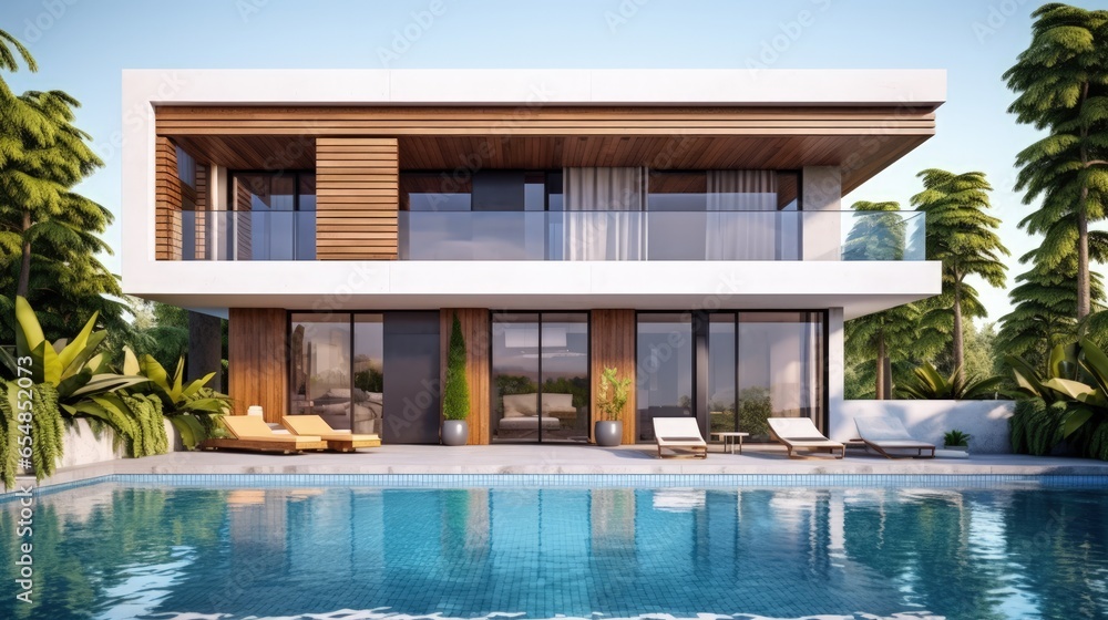 Modern cozy house for sale or rent with parking pool and wood plank facade in 3D rendering Isolated on a white background