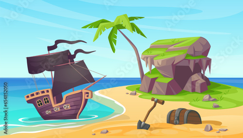 Sea island. Pirate ship. Sand beach. Treasure chest. Tropical palm. Shipwreck in ocean. Sail boat adventure. Wooden caravels wreck. Buccaneers journey. Vector cartoon marine landscape