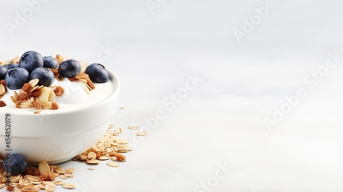 Healthy food concept Breakfast yogurt bowl with granola blueberries and maple syrup on gray background from above with empty space photo