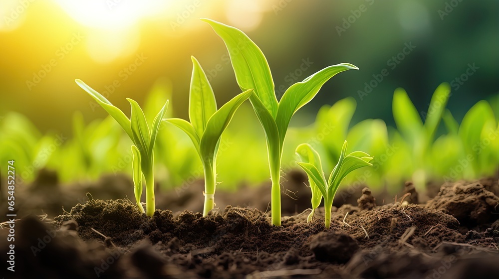 Selective focus on cultivated farm field with young green corn sprouts Selective focus on cultivated farm field with young green corn sprouts