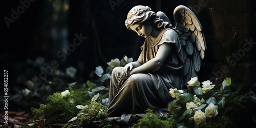 A serene angel sculpture surrounded by the enchanting beauty of a lush forest photo