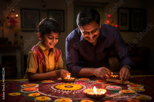 A photo of an indian man and his son making a rangoli with candles  diwali celebration photo