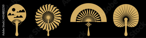 Paper fan. Golden silhouettes. Oriental folding souvenir. Japanese or Chinese accessory. Asian pattern. Cooling handheld object. East traditional culture. Vector decorative elements set